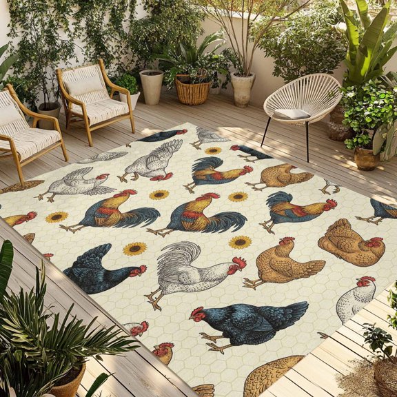 Outdoor Area Rug for Patio, Rustic Rooster Sunflower Animal Art Camping Rugs Indoor Large Floor Mat 3x5ft, Light Yellow Hexagon Outside Carpet for Deck RV Picnic Porch Backyard Bedroom Living Room