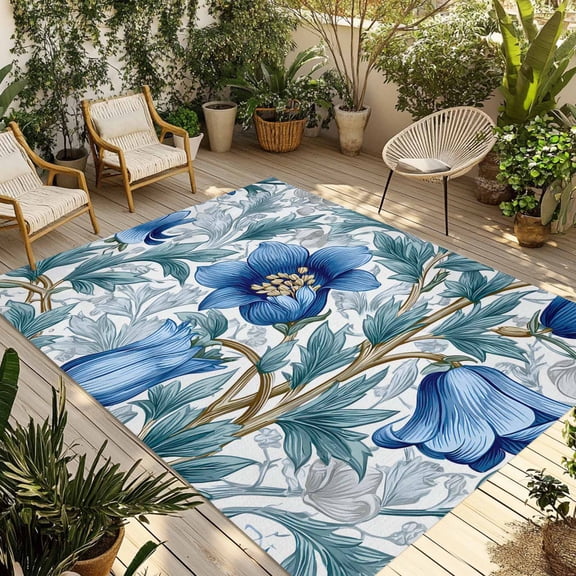 Outdoor Area Rug for Patio, Rustic Royal Blue Flower Leaves Camping Rugs Indoor Large Floor Mat 3x5ft, Watercolor Floral Art Outside Carpet for Deck RV Picnic Porch Backyard Bedroom Living Room