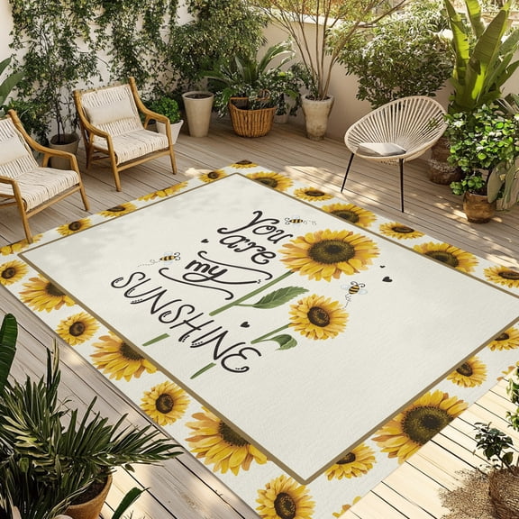Outdoor Area Rug for Patio, SUNSHINE Sunflower Quotes Camping Rugs Indoor Large Floor Mat 4x6ft, Retro Yellow Floral Outside Carpet for Deck RV Picnic Porch Backyard Bedroom Living Room