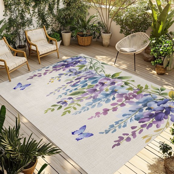 Outdoor Area Rug for Patio, Spring Butterfly Wisteria Flowers Camping Rugs Indoor Large Floor Mat 3x5ft, Retro Purple Vine Plant Outside Carpet for Deck RV Picnic Porch Backyard Bedroom Living Room