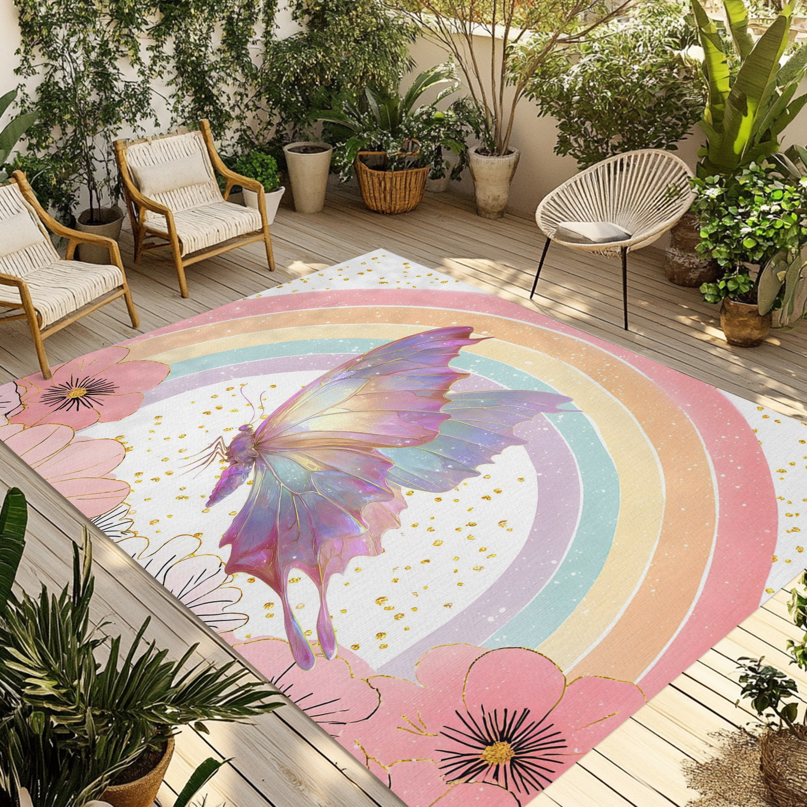 Outdoor Area Rug for Patio, Spring Pink Flower Butterfly Camping Rugs ...