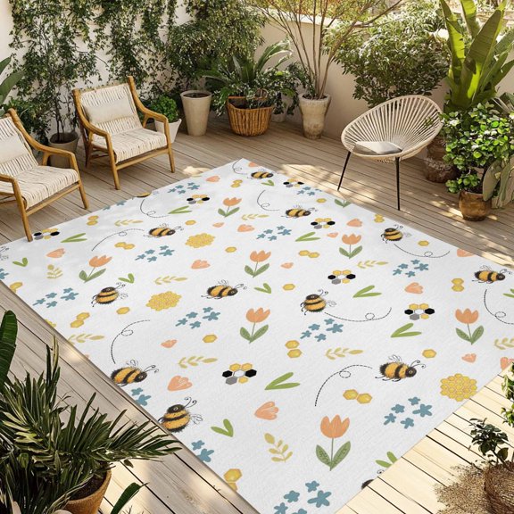 Outdoor Area Rug for Patio, Spring Tulips Flower Bees Honeycombs Camping Rugs Indoor Large Floor Mat 4x6ft, Summer Floral Outside Carpet for Deck RV Picnic Porch Backyard Bedroom Living Room