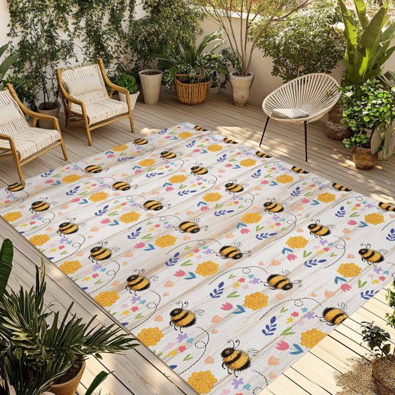 Outdoor Area Rug for Patio, Spring Wildflowers Bees Camping Rugs Indoor Large Floor Mat 3x5ft, Abstract Farm Animal Outside Carpet for Deck RV Picnic Porch Backyard Bedroom Living Room