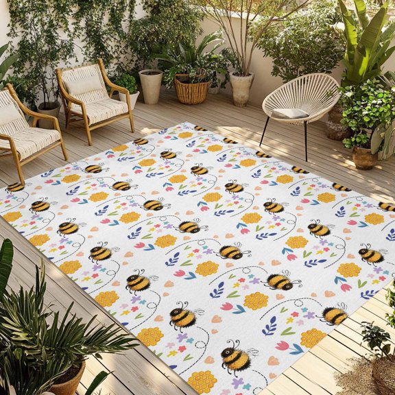 Outdoor Area Rug for Patio, Spring Yellow Flowers Bees Camping Rugs Indoor Large Floor Mat 3x5ft, Watercolor Floral Leaves Outside Carpet for Deck RV Picnic Porch Backyard Bedroom Living Room