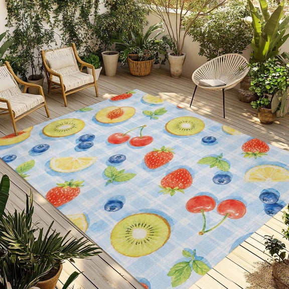 Outdoor Area Rug for Patio, Summer Fruit Slices Peach Pattern Camping Rugs Indoor Large Floor Mat 3x5ft, Blue Gingham Backdrop Outside Carpet for Deck RV Picnic Porch Backyard Bedroom Living Room