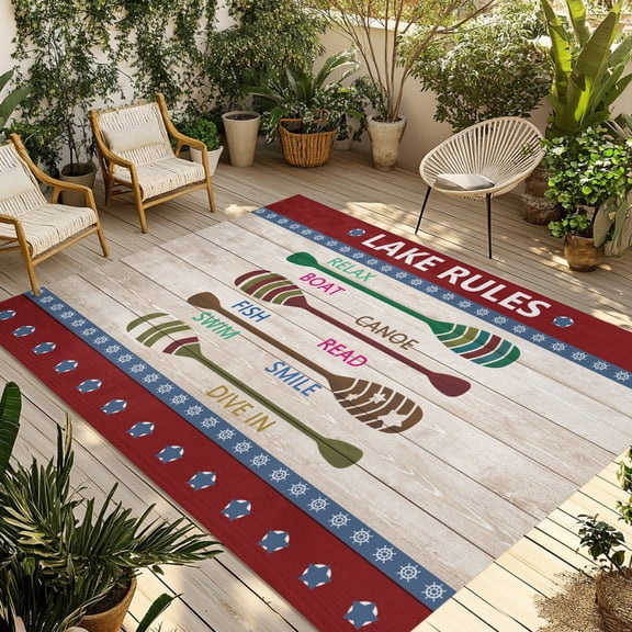 Outdoor Area Rug for Patio, Summer Lake Rules Paddle Camping Rugs Indoor Large Floor Mat 4x6ft, Farm Wood Grain Red Maroon Outside Carpet for Deck RV Picnic Porch Backyard Bedroom Living Room