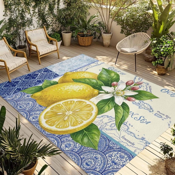 Outdoor Area Rug for Patio, Summer Lemon Abstract Geometric Camping Rugs Indoor Large Floor Mat 4x6ft, Vintage Map Background Outside Carpet for Deck RV Picnic Porch Backyard Bedroom Living Room