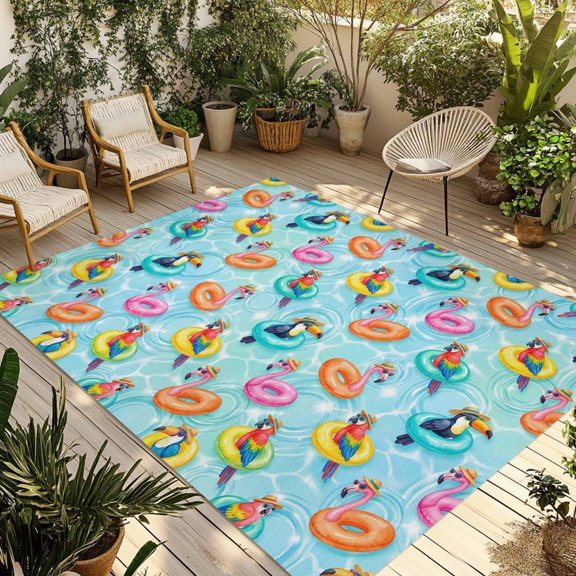 Outdoor Area Rug for Patio, Summer Pool Float Swim Rings Camping Rugs Indoor Large Floor Mat 4x6ft, Tropical Flamingo Birds Outside Carpet for Deck RV Picnic Porch Backyard Bedroom Living Room