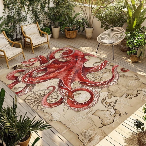 Outdoor Area Rug for Patio, Summer Red Big Octopus Camping Rugs Indoor Large Floor Mat 4x6ft, Marine Life on Retro Map Outside Carpet for Deck RV Picnic Porch Backyard Bedroom Living Room