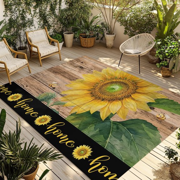Outdoor Area Rug for Patio, Summer Sunflowers Bees Camping Rugs Indoor Large Floor Mat 4x6ft, Farmhouse Wood Background Outside Carpet for Deck RV Picnic Porch Backyard Bedroom Living Room