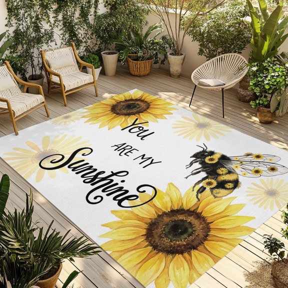 Outdoor Area Rug for Patio, Summer Yellow Sunflower Bee Camping Rugs Indoor Large Floor Mat 4x6ft, Rustic Plant Sunshine Text Outside Carpet for Deck RV Picnic Porch Backyard Bedroom Living Room
