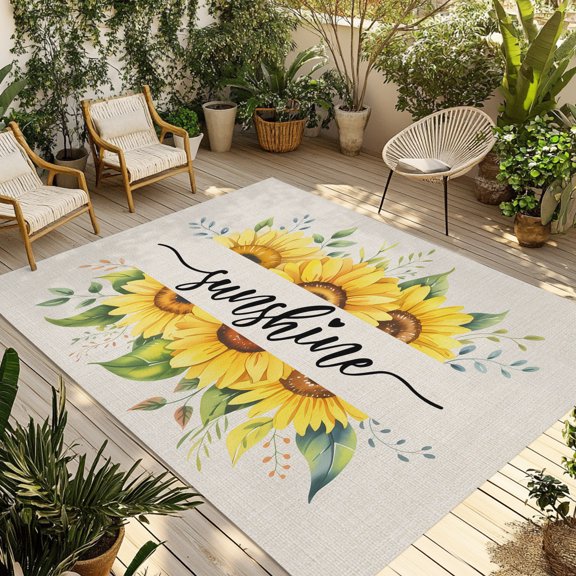 Outdoor Area Rug for Patio, Sunshine Quote Farm Sunflower Camping Rugs Indoor Large Floor Mat 4x6ft, Floral Plant on Burlap Outside Carpet for Deck RV Picnic Porch Backyard Bedroom Living Room