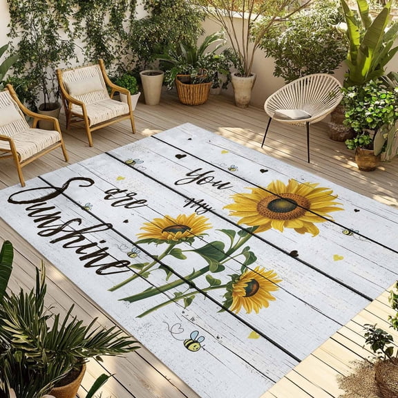 Outdoor Area Rug for Patio, My Sunshine Sunflower Quotes Camping Rugs Indoor Large Floor Mat 5x7ft, Farm Gray Wood Board Outside Carpet for Deck RV Picnic Porch Backyard Bedroom Living Room
