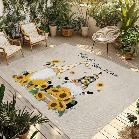 Outdoor Area Rug for Patio, Sweet Sunshine Words Gnomes Camping Rugs Indoor Large Floor Mat 3x5ft, Farm Sunflowers on Linen Outside Carpet for Deck RV Picnic Porch Backyard Bedroom Living Room