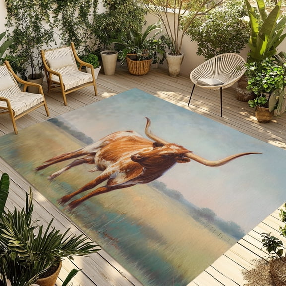 Outdoor Area Rug for Patio, Texas Longhorn Grass Sunset Camping Rugs Indoor Large Floor Mat 4x6ft, Farmhouse Natural Landscape Outside Carpet for Deck RV Picnic Porch Backyard Bedroom Living Room