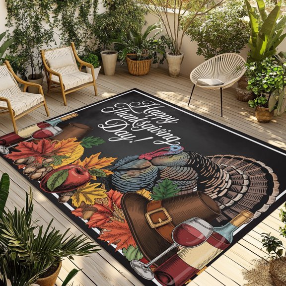 Outdoor Area Rug for Patio, Thanksgiving Cartoon Turkey Pumpkin Camping Rugs Indoor Large Floor Mat 4x6ft, Autumn Leaves Cap Outside Carpet for Deck RV Picnic Porch Backyard Bedroom Living Room