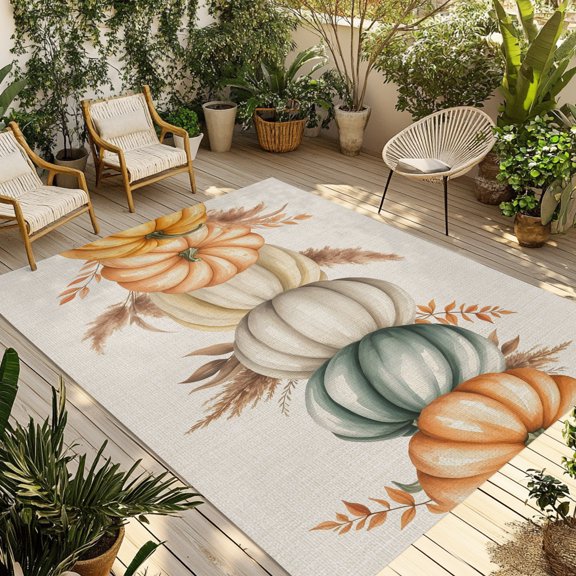 Outdoor Area Rug for Patio, Thanksgiving Pumpkin Autumn Reed Camping Rugs Indoor Large Floor Mat 4x6ft, Fall Leaves Retro Linen Outside Carpet for Deck RV Picnic Porch Backyard Bedroom Living Room