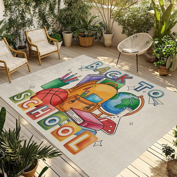Outdoor Area Rug for Patio, Vintage Crayon Globe Camping Rugs Indoor Large Floor Mat 4x6ft, Back to School Words on Linen Outside Carpet for Deck RV Picnic Porch Backyard Bedroom Living Room