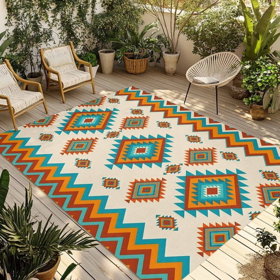 Outdoor Area Rug for Patio, Vintage Ethnic Geometric Art Camping Rugs Indoor Large Floor Mat 4x6ft, Tribal Herringbone Texture Outside Carpet for Deck RV Picnic Porch Backyard Bedroom Living Room