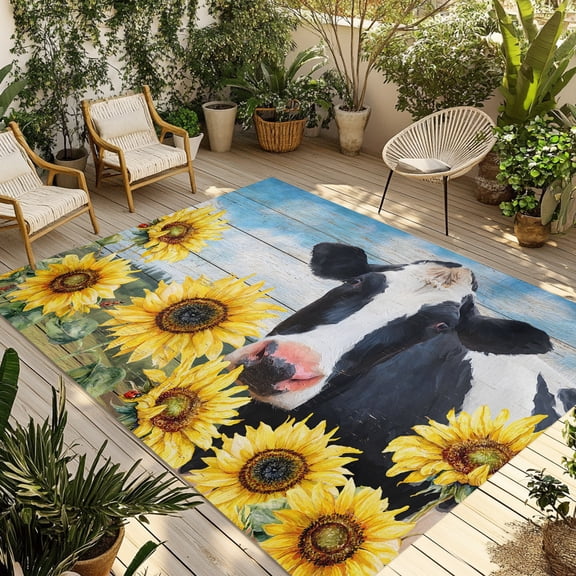 Outdoor Area Rug for Patio, Vintage Farm Cow and Sunflower Camping Rugs Indoor Large Floor Mat 3x5ft, Retro Blue Barn Wood Plank Outside Carpet for Deck RV Picnic Porch Backyard Bedroom Living Room