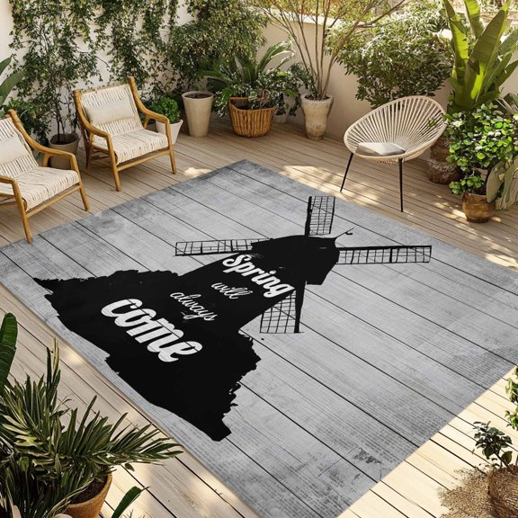 Outdoor Area Rug for Patio, Vintage Farmhouse Barn Camping Rugs Indoor Large Floor Mat 3x5ft, Ombre Gray Wooden Plank Outside Carpet for Deck RV Picnic Porch Backyard Bedroom Living Room