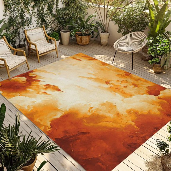Outdoor Area Rug for Patio, Watercolor Gradient Orange Clouds Camping Rugs Indoor Large Floor Mat 3x5ft, Abstract Ombre Art Outside Carpet for Deck RV Picnic Porch Backyard Bedroom Living Room