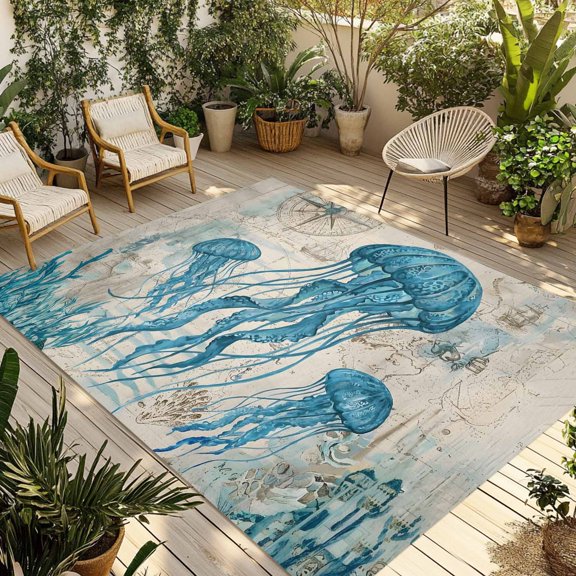 Outdoor Area Rug for Patio, Watercolor Jellyfish Seaweed Coral Camping Rugs Indoor Large Floor Mat 3x5ft, Compass Map Retro Back Outside Carpet for Deck RV Picnic Porch Backyard Bedroom Living Room