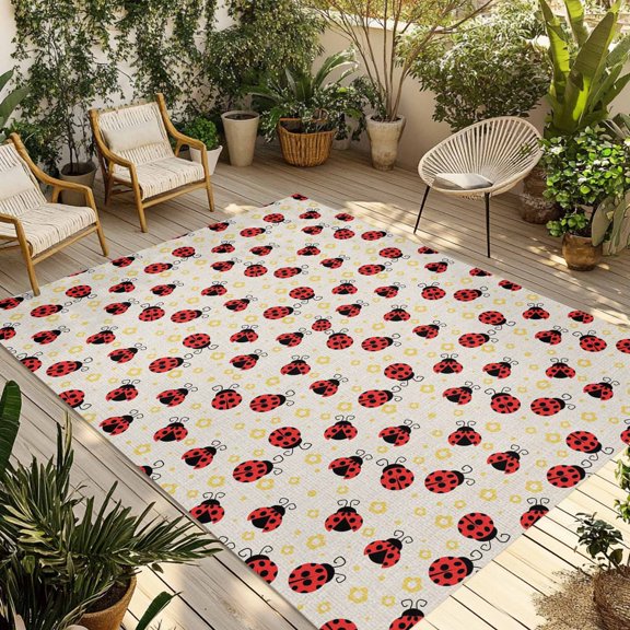 Outdoor Area Rug for Patio, Watercolor Ladybug on Burlap Camping Rugs Indoor Large Floor Mat 5x8ft, Spring Daisy Flower Insects Outside Carpet for Deck RV Picnic Porch Backyard Bedroom Living Room