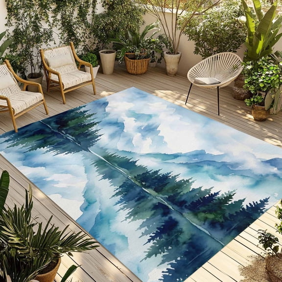 Outdoor Area Rug for Patio, Watercolor Mountain Lake Cloud Camping Rugs Indoor Large Floor Mat 4x6ft, Natural Scenery Forest Outside Carpet for Deck RV Picnic Porch Backyard Bedroom Living Room