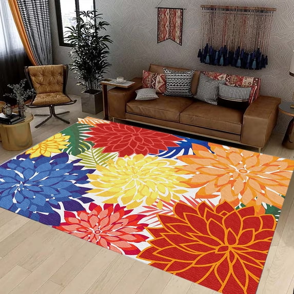 Outdoor Area Rug Washable Patio Rug Tropical Botanical Floral Chenille Waterproof Outdoor Carpet Non-Slip for Deck, Backyard
