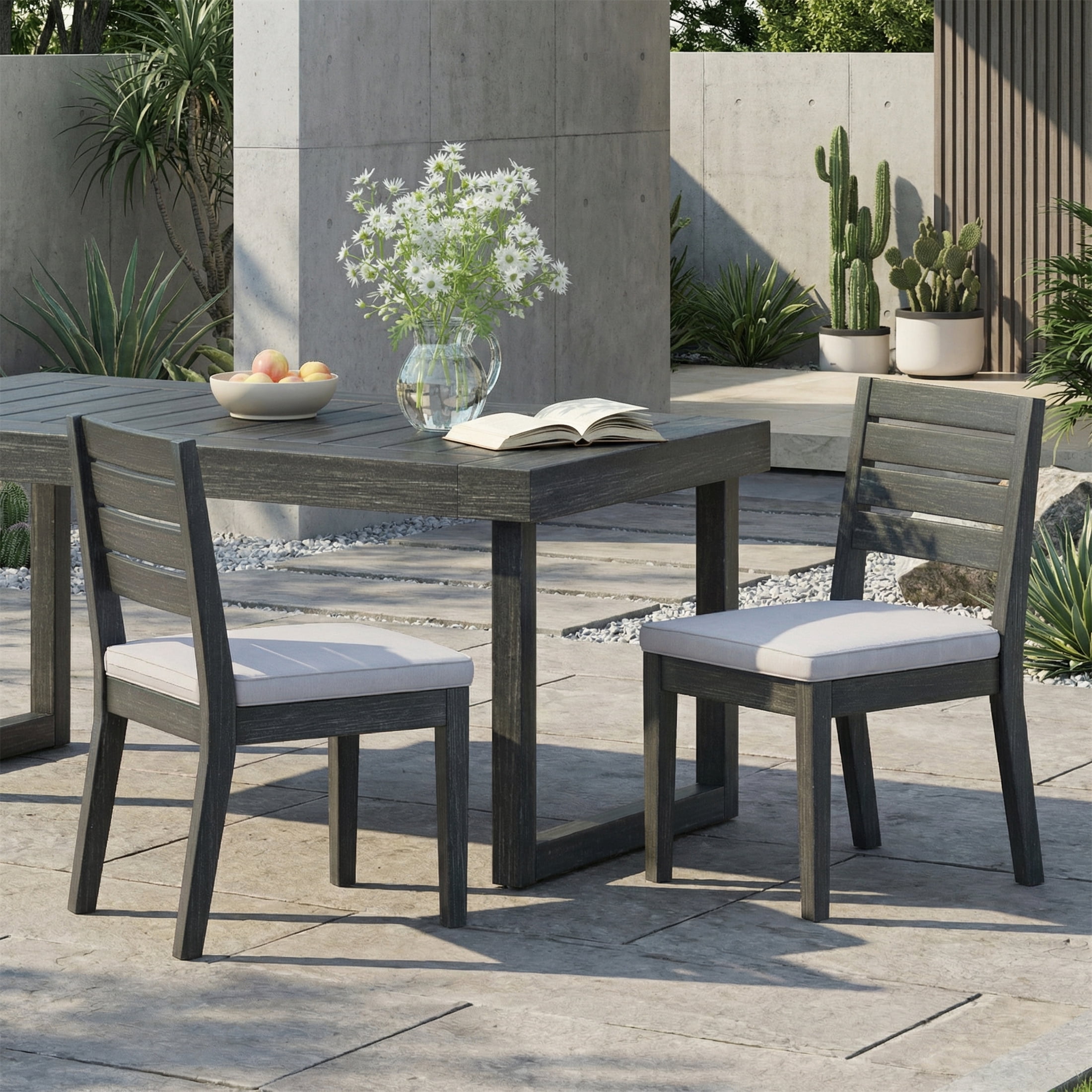 Outdoor Armless Cushioned Dining Chair Set of 2, Sandblast Wood Frame Leisure Seats for Patio Garden, Dark Gray and Light Gray