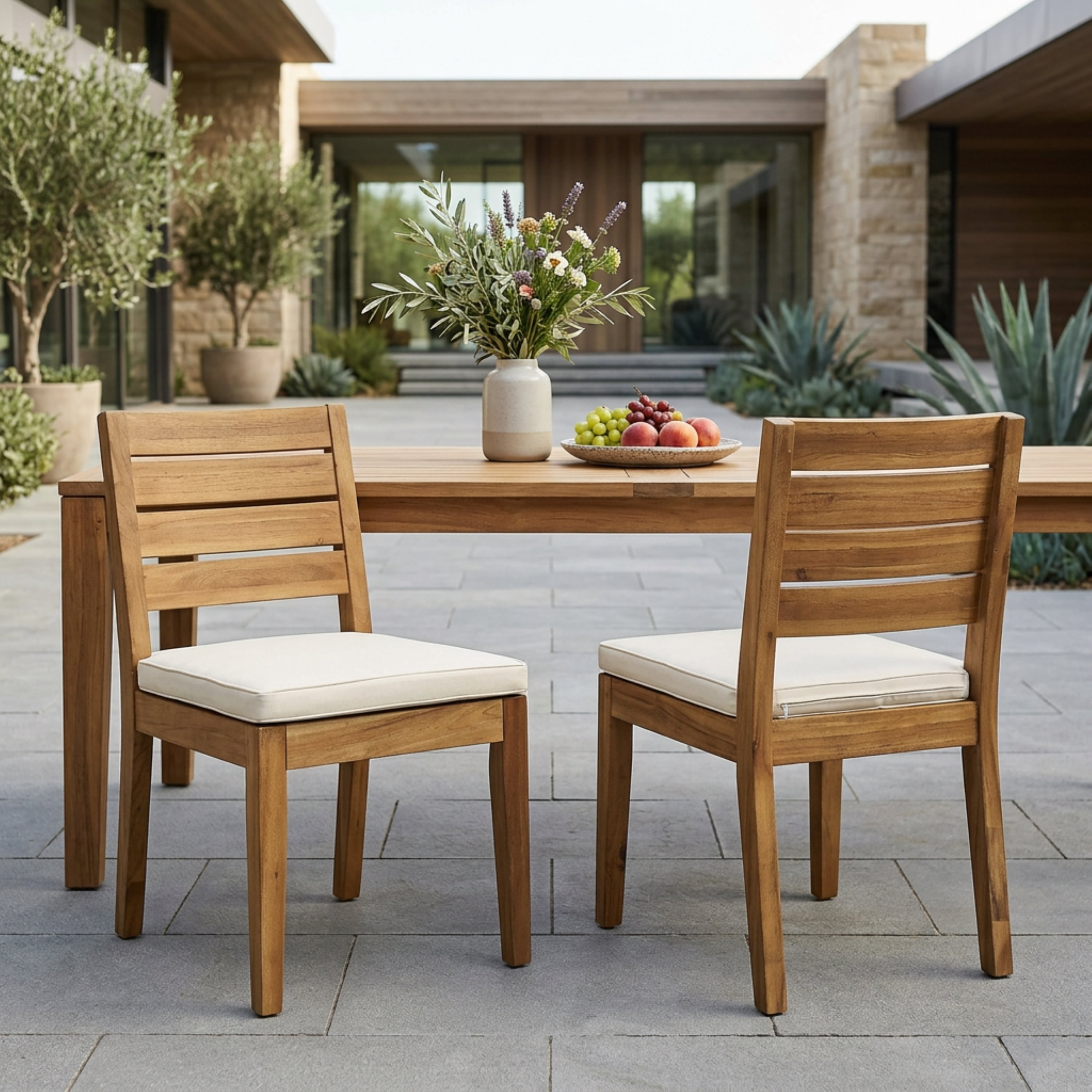 Outdoor Armless Cushioned Dining Chair Set of 2, Simple Household Rest Seats for Patio Garden, Natural and Beige