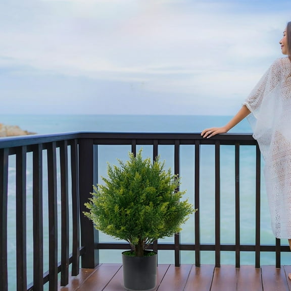 Outdoor Artificial Cedar Globe Tree with Planter – Low Maintenance Realistic Faux Shrub for Garden, Porch, Patio & Home Decor, Perfect for All Seasons and Events