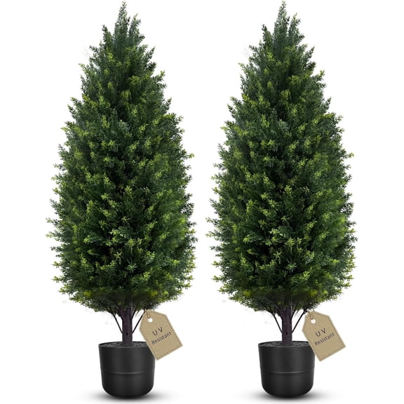 "Outdoor Artificial Cedar Topiary Trees, Set of 2 Faux Cypress Christmas Tree with Pot, UV Rated Fake Pine Tree Potted Artificial Plants for Outdoor Planters Front Door Offices