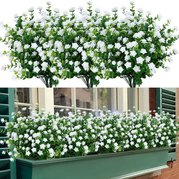 Outdoor Artificial Fake Flowers No Fade UV Resistant Faux Plastic Plants for Hanging Planter Patio Yard Wedding Indoor Home Kitchen Farmhouse Décor (White)