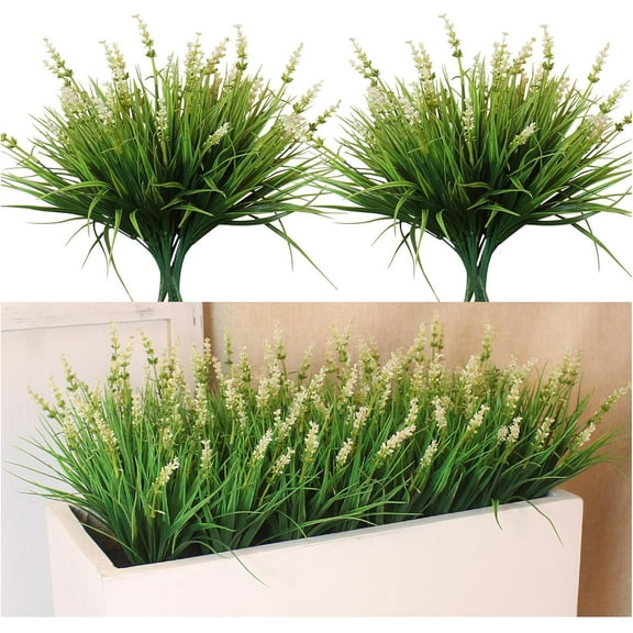 Outdoor Artificial Flowers 12 Bundles Plastic Plants Faux White Flower Fake Monkey Grass for Planters Décor Outside (White)