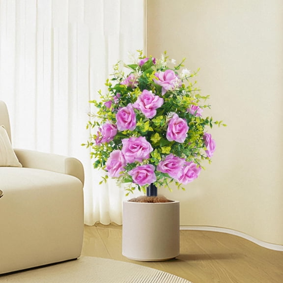 Outdoor Artificial Flowers - Roses & Evergreen Topiary Trees with Ground Stake, UV Resistant Shrubs for Garden, Yard, Porch, Patio, Wedding & Farmhouse Decor