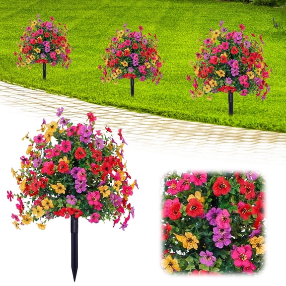 Outdoor Artificial Flowers UV Resistant, Artificial Flowers with Ground Stakes, Waterproof Faux Flower Ball for Front Porch Planters Garden Yard Patio Pathway Cemetery Spring Summer Decor