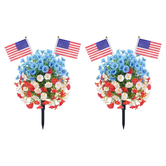 Outdoor Artificial Flowers Uv Resistant 2 Pc Patriotic Garden Stakes Red WhiteandBlue Decorations Front Yard Lawn Decor FourthofJuly Yard Decorations