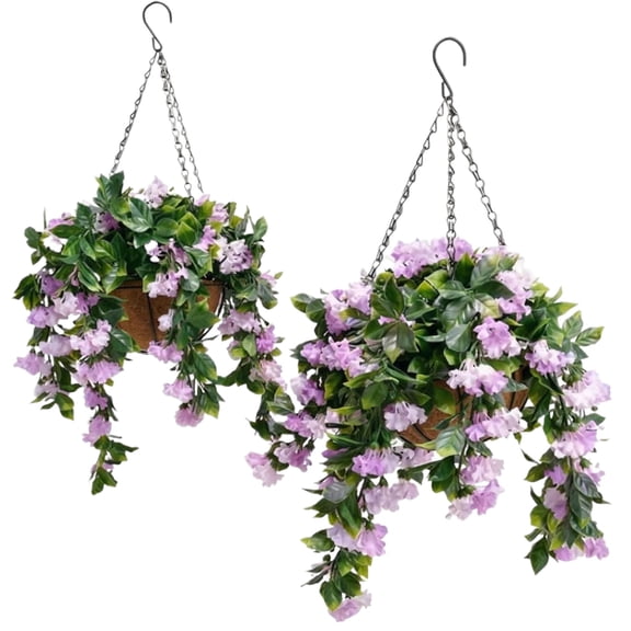 Outdoor Artificial Flowers Uv Resistant, Hanging Fake Flowers, 10 in Pot, Metal Hanging Chain, Light Lilac, Spring Garden Decor, Porch Exterior Placement, 2 Set