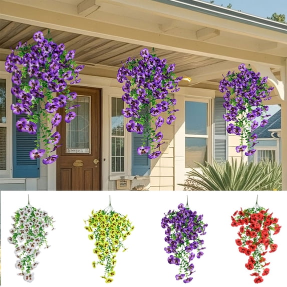 Outdoor Artificial Hanging Flowers for Garden and Porch Decor, UV Resistant Faux Pansy Plant, 29.5" Lifelike Plastic Hanging Basket Greenery for Patio, Balcony, Yard and Home