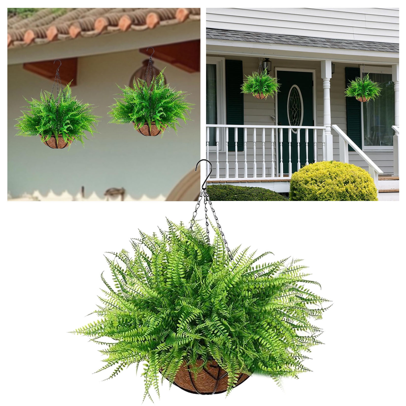 Outdoor Artificial Hanging Ferns UV Protected with Hanging Planters, Boston Fern Greenery Baskets for Porch Patio Garden Yard Home Decor Indoor Outside Living Room