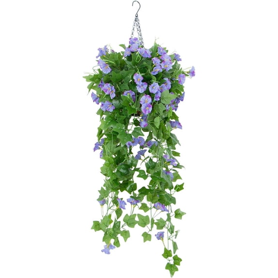 Outdoor Artificial Morning Glory Silk Flower Hanging Planter Patio Lawn Garden 10inch Hanging Basket with Chain Flowerpot