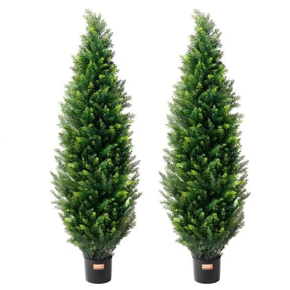 Outdoor Artificial Pine Trees Set, 60 Inch Faux Evergreen Plants for Patio and Garden Decor, Includes 2 Potted Topiary Trees with Extra Foliage