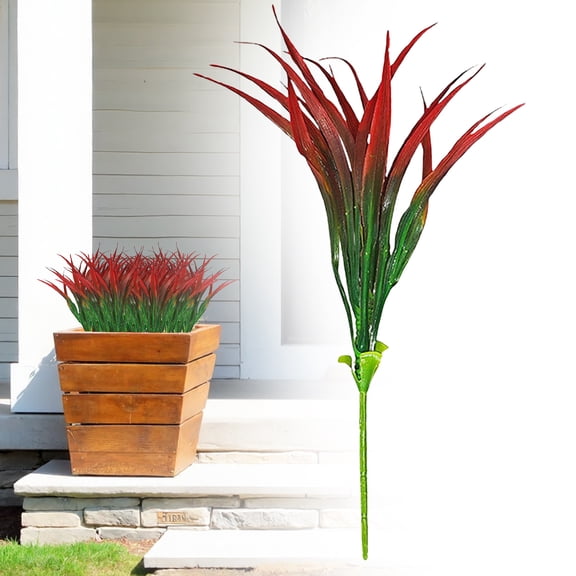 Outdoor Artificial Plants 1PC Fake Plants Grass UV Resistant Fake Flowers Bush Greenery,17Inch Tall Faux Grass Shrubs for Home Porch Pathway Garden Décor Outside Indoor(Red)