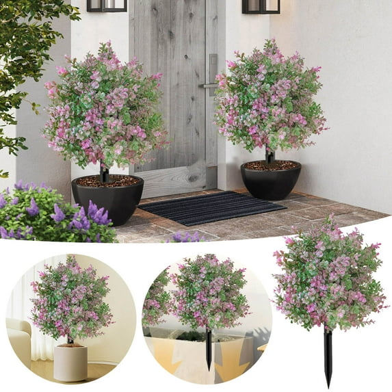 Outdoor Artificial with Ground Stake - UV Resistant Eucalyptus & Boxwood Bushes, Realistic Leaf Shaped Shrubs for Porch, Garden, Backyard Decor - Low Maintenance