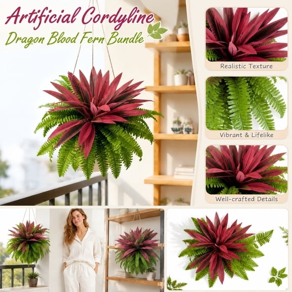 Outdoor Artificial Plants, Outdoor Uv Resistant Artificial Plants, Artificial Tropical Plants Outdoor, Faux Outdoor Greenery, 30 Inch Diameter Mixed Red and Green Dragon Tree