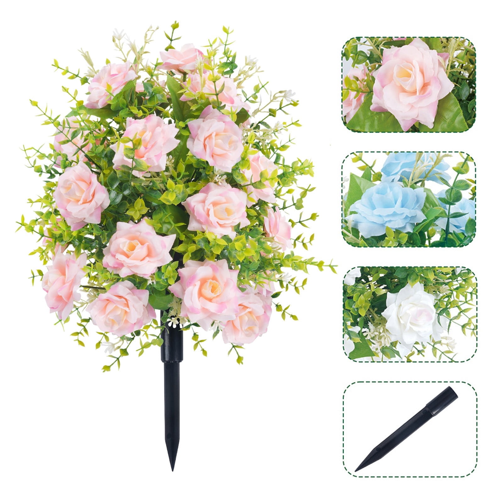 Outdoor Artificial Rose Bouquet with Stake, No Fade Faux Rose Plants for Garden Landscaping Patio Porch Cemetery Memorial Decor