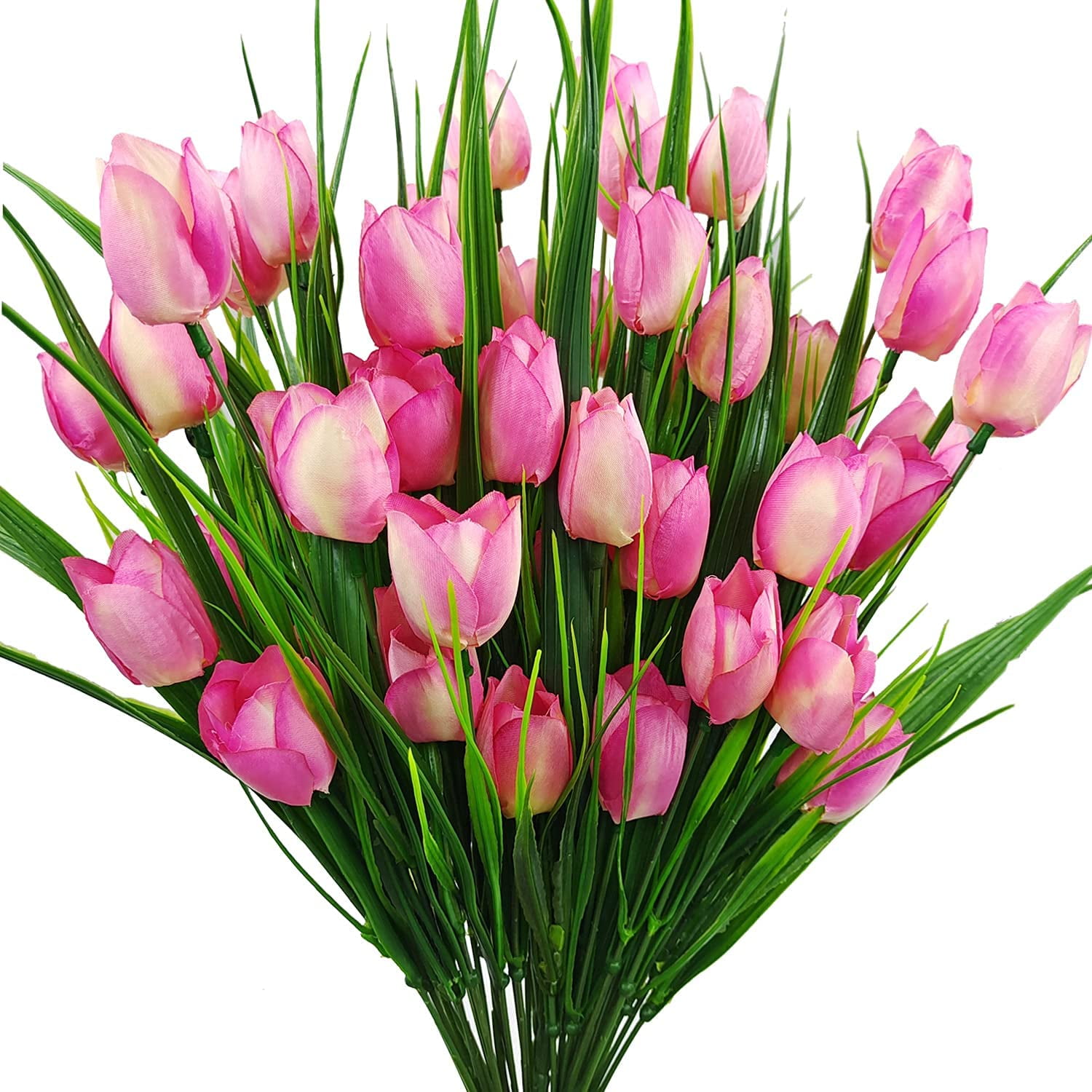 Outdoor Artificial Tulips Fake Flowers UV Resistant Faux Plastic Greenery Shrubs Plants for Home Outside Garden Porch Window Farmhouse Decor (Light Pink)