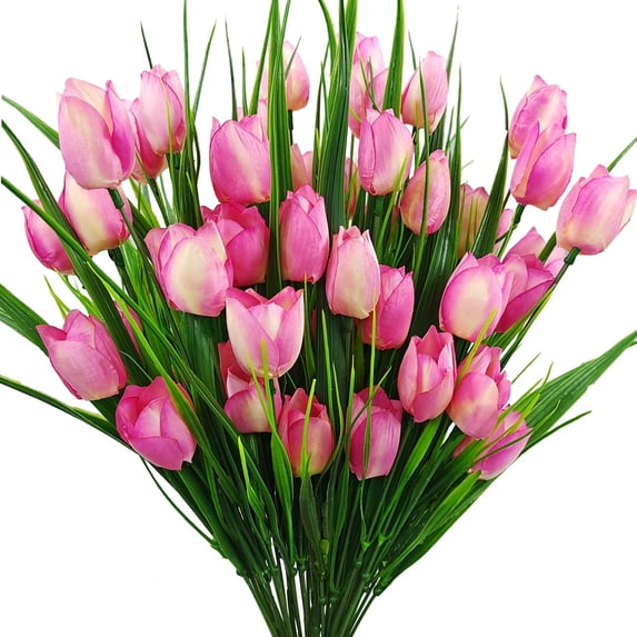 Outdoor Artificial Tulips Fake Flowers UV Resistant Faux Plastic Greenery Shrubs Plants for Home Outside Garden Porch Window Farmhouse Decor (Light Pink)